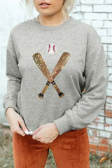 Gray Sequin Baseball Graphic Crewneck Game Day Sweatshirt - Femstylo