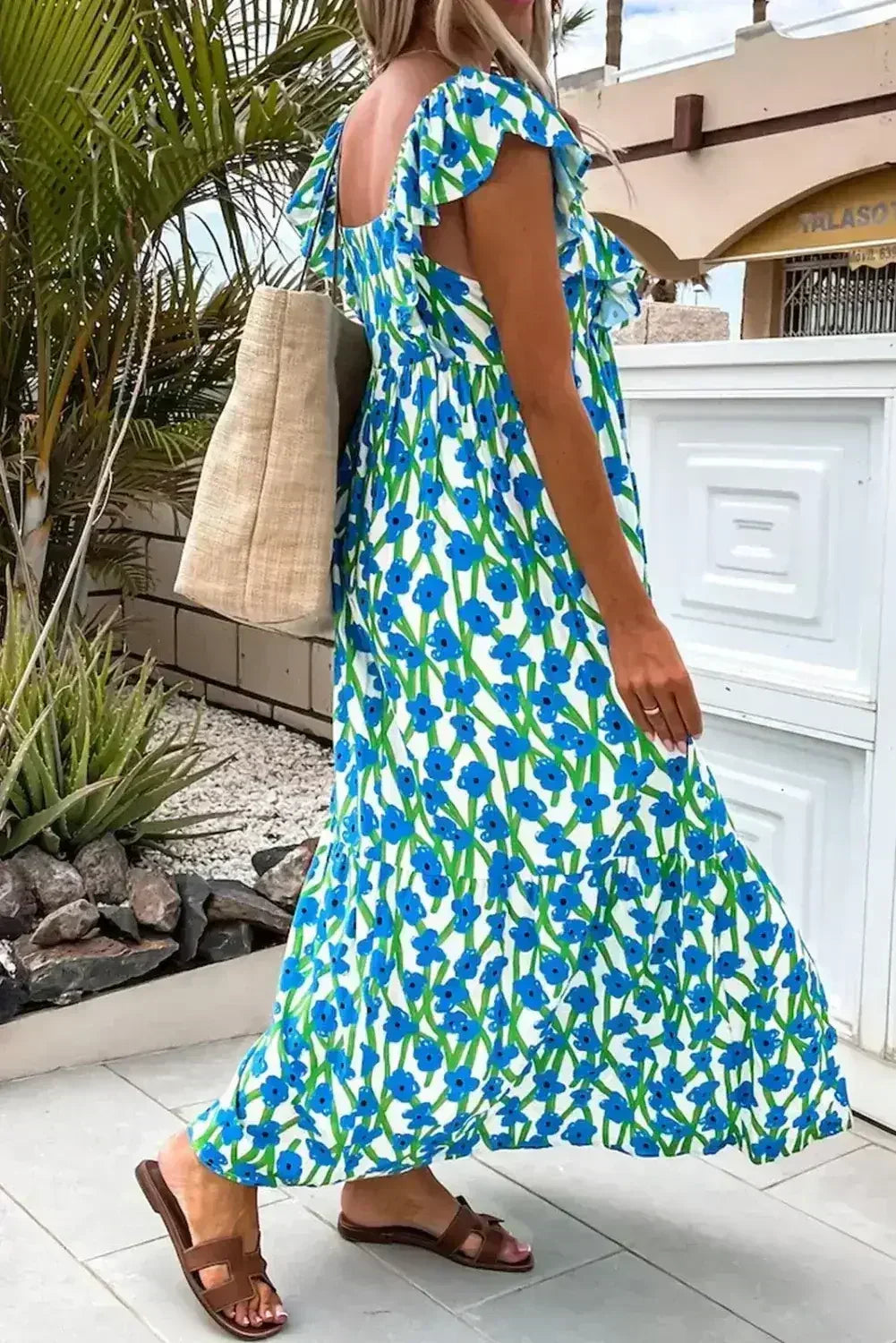 Pink Floral Print Square Neck Ruffled Strap Maxi Dress - Femstylo