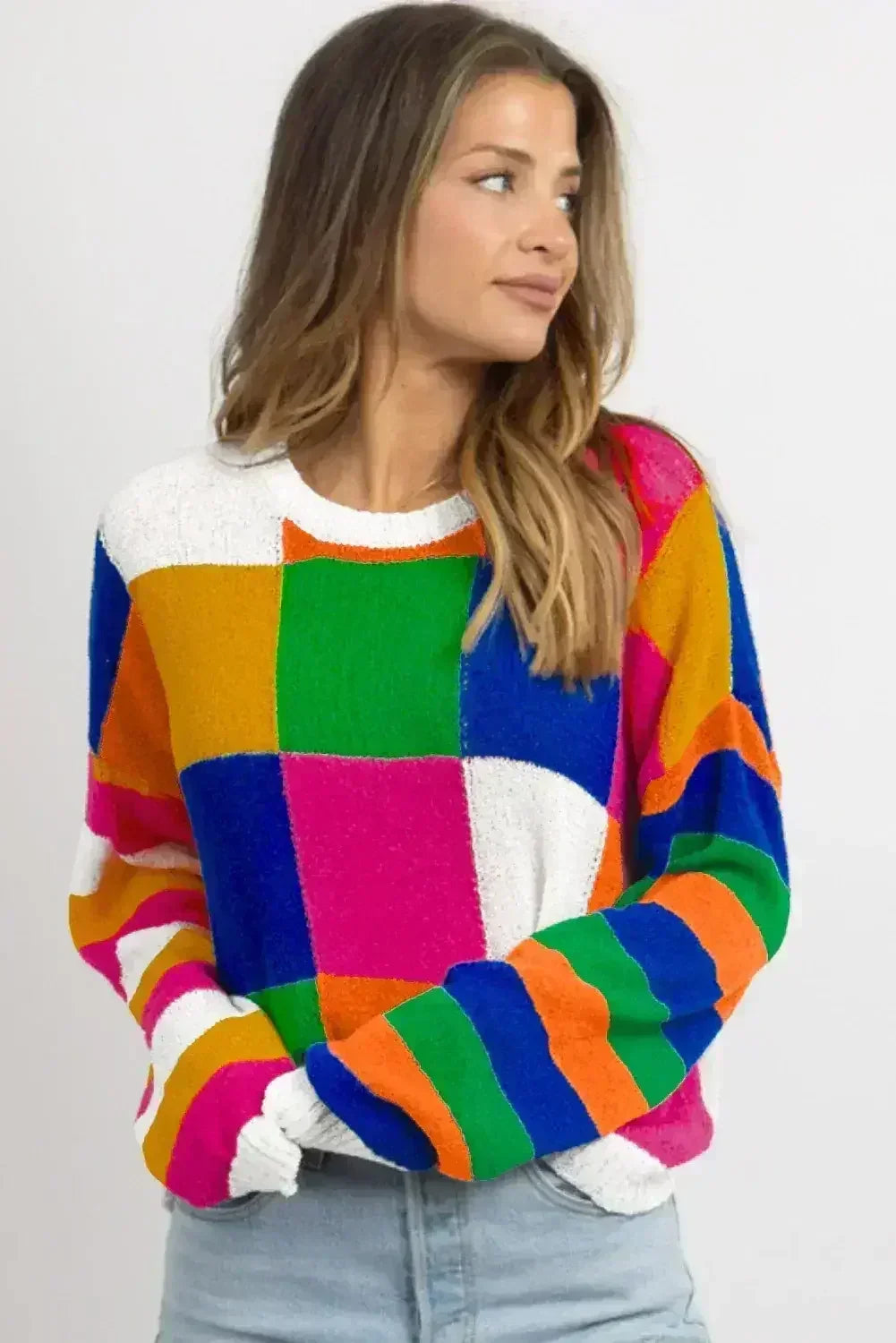 Orange Checkered Color Block Round Neck Loose Sweater - Femstylo