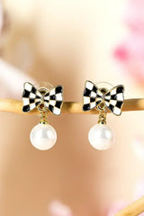 Black Checkered Bow Pearl Drop Earrings - Femstylo