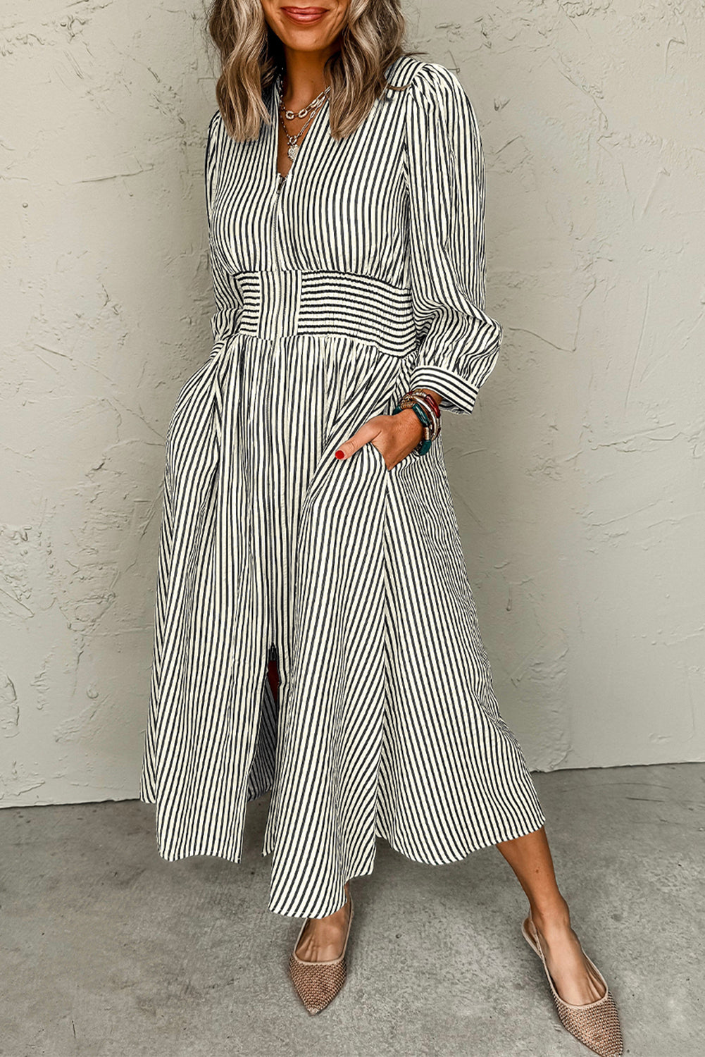 Black Striped V Neck Zip Front Cinched High Waist Midi Dress
