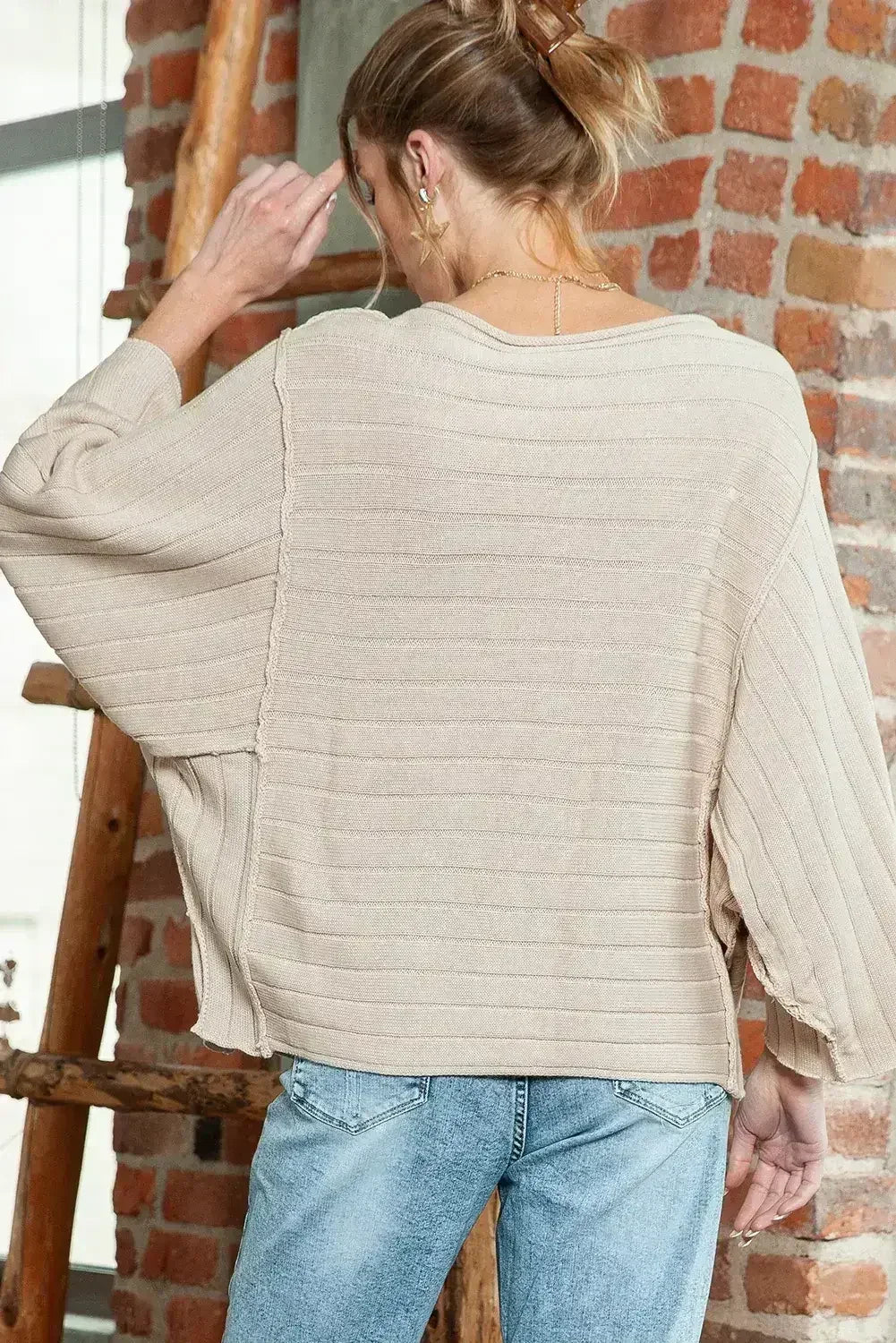 Apricot Solid Color Ribbed Knit 3/4 Sleeve Pullover Sweater - Femstylo