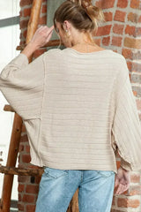 Apricot Solid Color Ribbed Knit 3/4 Sleeve Pullover Sweater - Femstylo