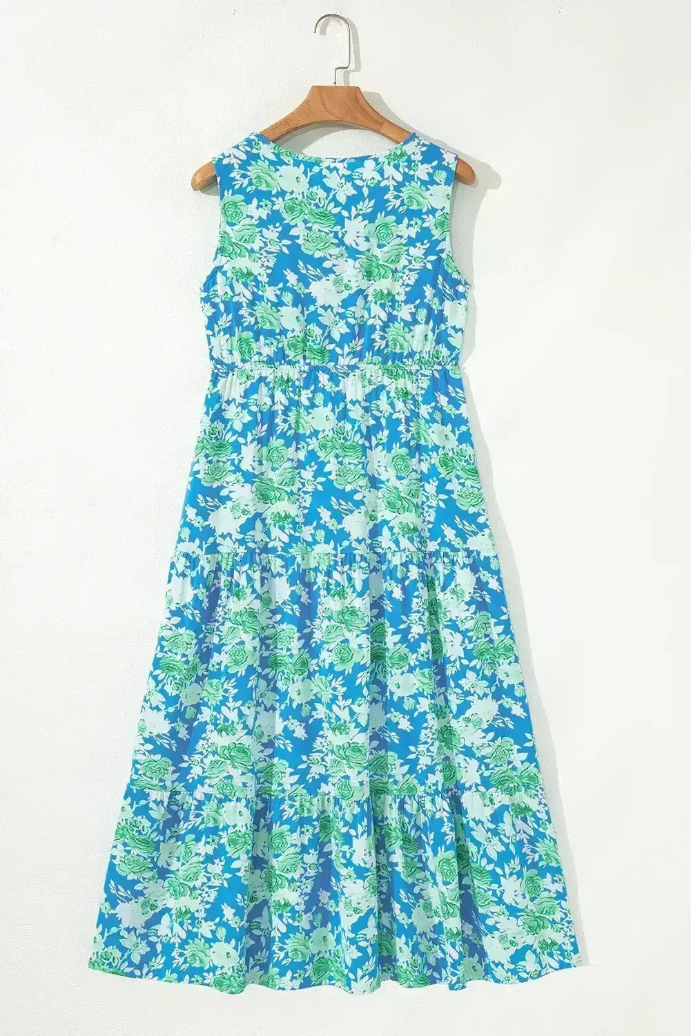 Green Floral Print Trimmed V Neck Sleeveless Vacation Dress - Femstylo
