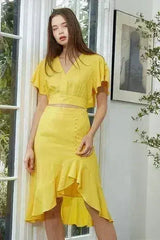 Women's Tie Waist Cape Sleeve Cropped Blouse in Yellow | Femstylo - Femstylo