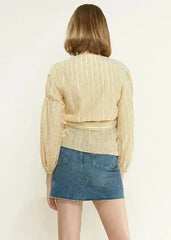 Smocked Sleeve Stripe Wrap V-Neck Blouse in Yellow | Femstylo - Femstylo