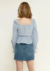 Smocked Cuff Button Front Peplum Blouse in Blue | Femstylo - Femstylo