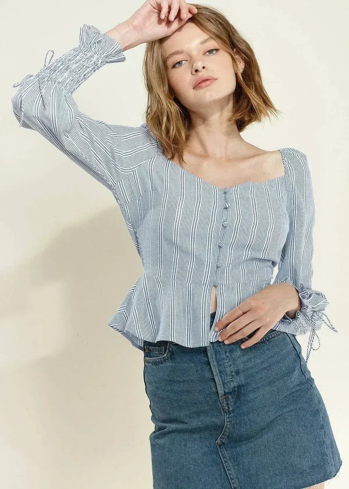 Smocked Cuff Button Front Peplum Blouse in Blue | Femstylo - Femstylo