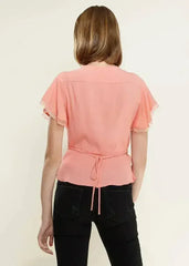 Women's Lace Trim Cape Sleeve Wrap Blouse in Coral | Femstylo - Femstylo