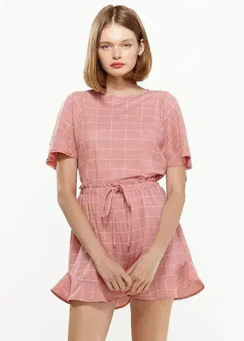 Women's Grid Print Crew Neck Blouse in Pink | Femstylo - Femstylo