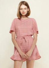 Women's Grid Print Crew Neck Blouse in Pink | Femstylo - Femstylo