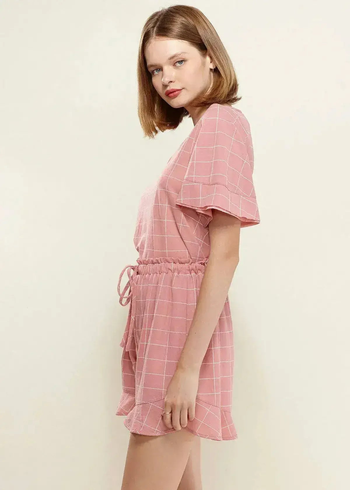 Women's Grid Print Crew Neck Blouse in Pink | Femstylo - Femstylo