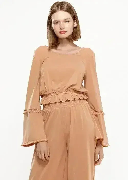 Women's Fringe Cuff Bell Sleeve Top in Apricot - Femstylo