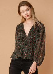 V-neck Puff Sleeve Blouse in Leopard Hunt | Femstylo - Femstylo