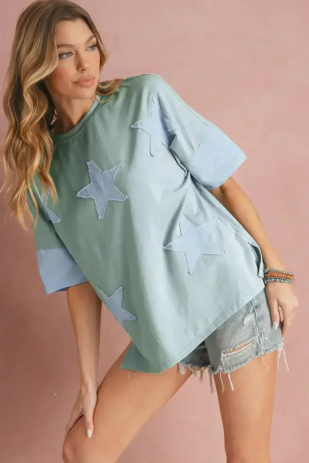 Aruba Blue Frayed Star Patched 4th of July Oversize T Shirt - Femstylo