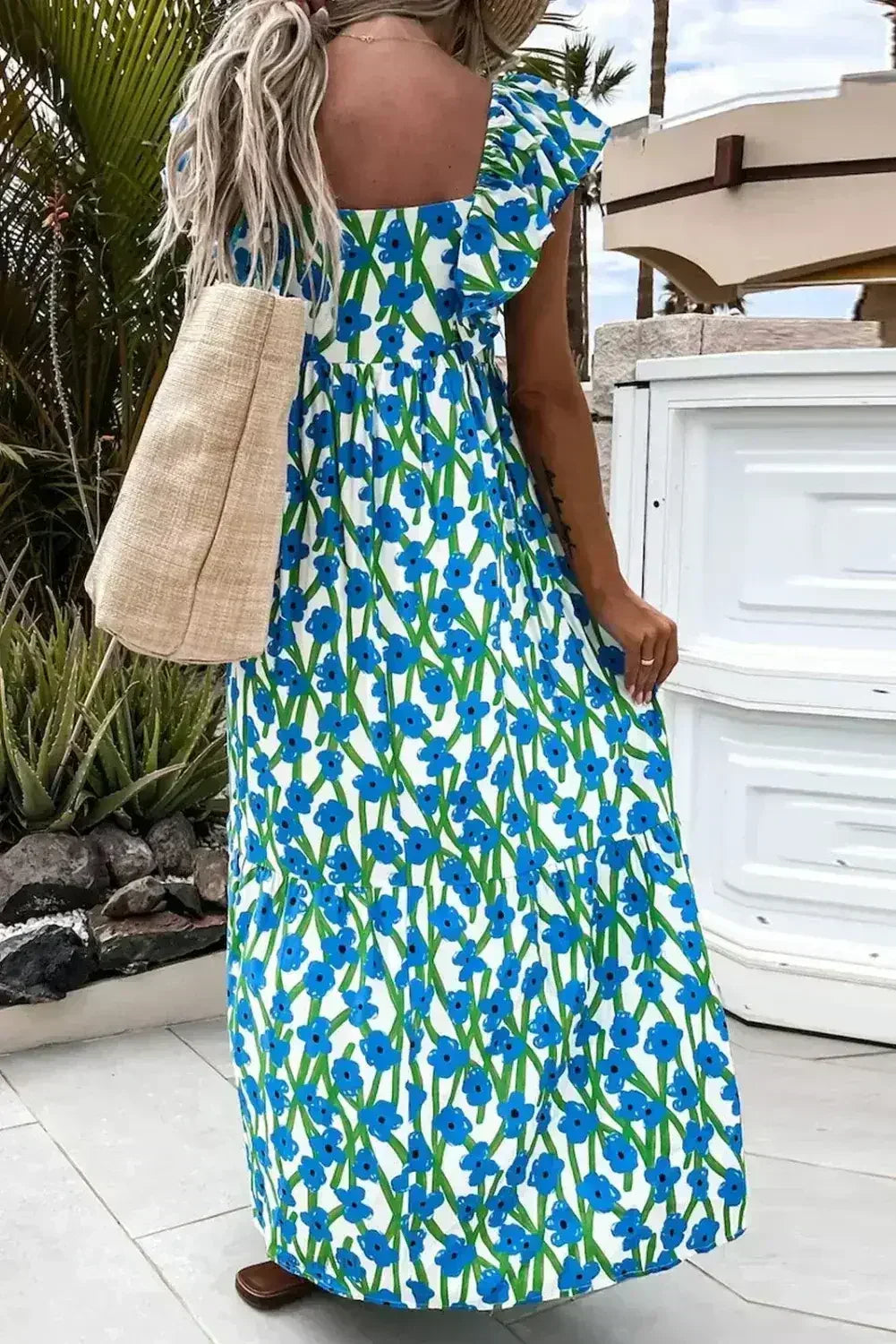 Pink Floral Print Square Neck Ruffled Strap Maxi Dress - Femstylo