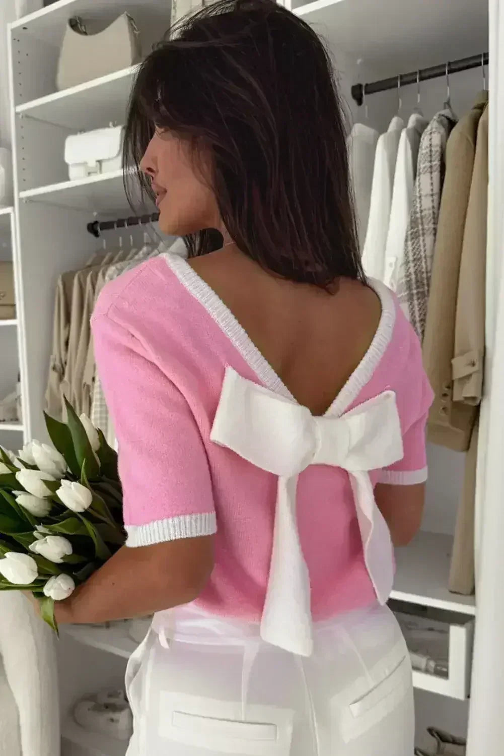 Bonbon Colorblock Big Bow Backless Knit Top - Femstylo