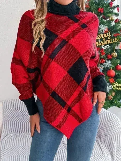 Plaid Turtleneck Batwing Sleeve Sweater - Femstylo