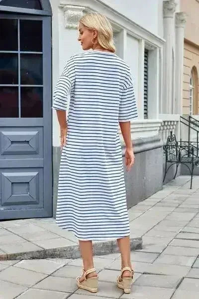 Lovelet Contrast Striped Half Sleeve Midi Tee Dress - Femstylo