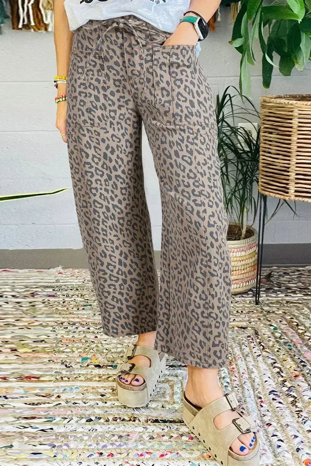 Blue Leopard Print Drawstring Waist Pocketed Wide Leg Jeans - Femstylo