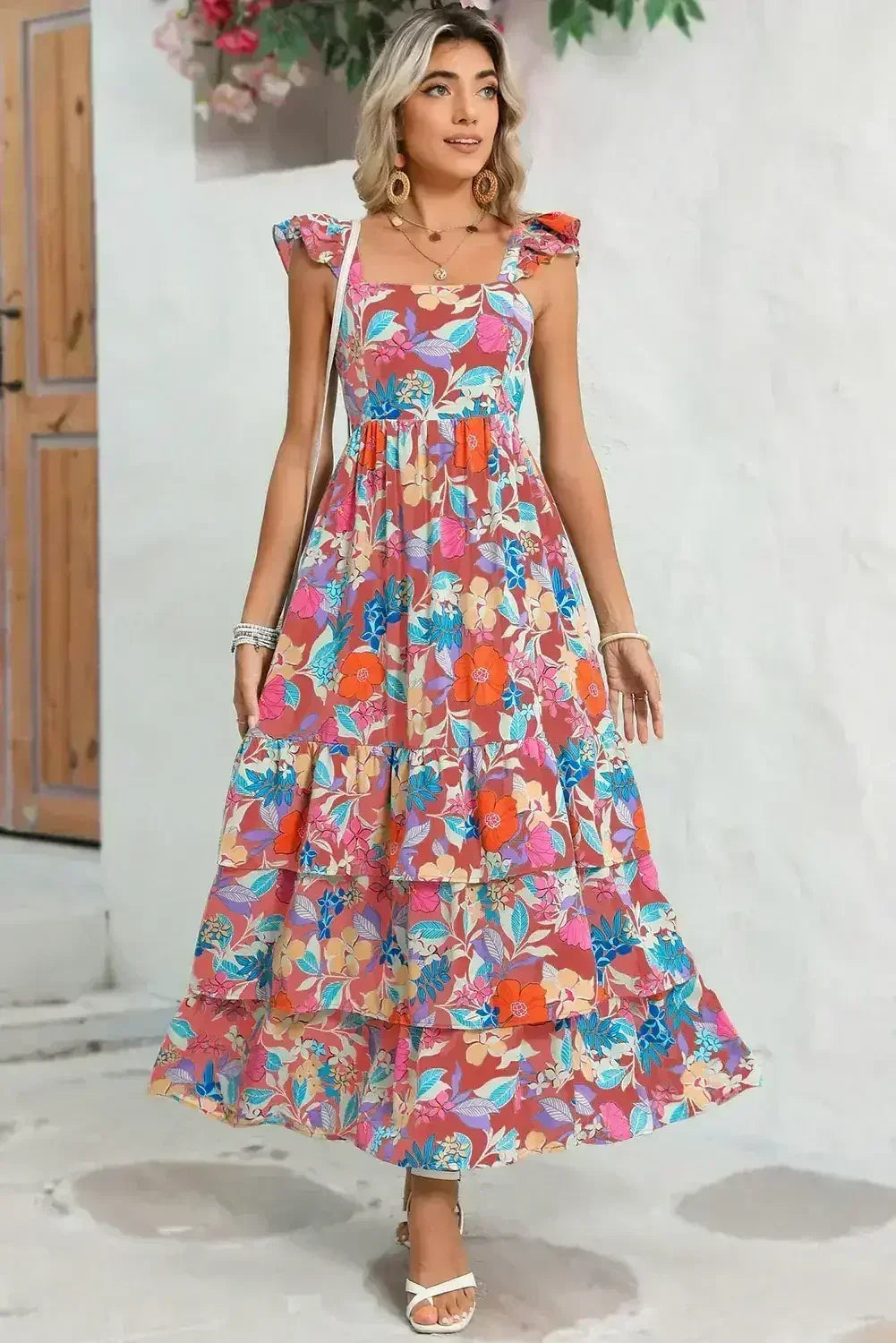 Green Boho Floral Print Ruffle Sleeveless Tiered Maxi Dress - Femstylo