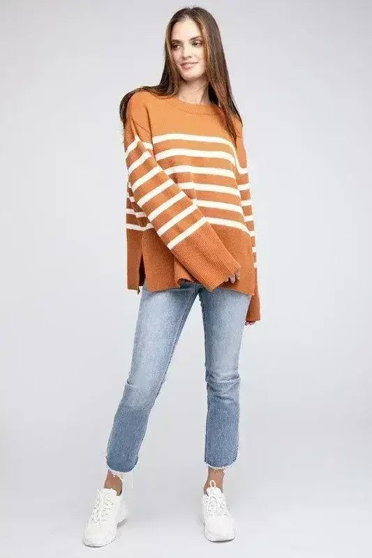 Ribbed Hem Stripe Sweater - Femstylo