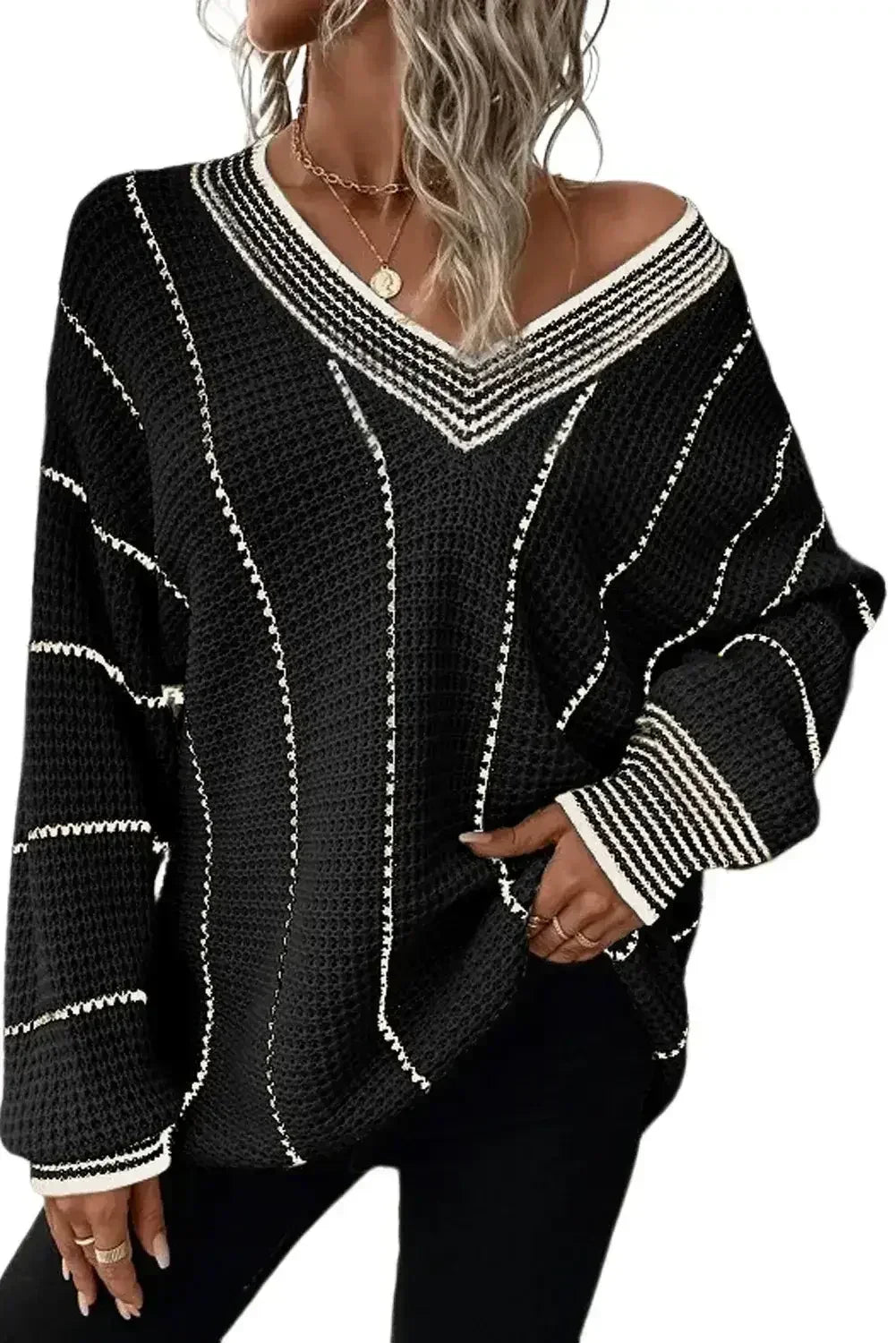 Black Contrast V Neck Loose Tunic Sweater - Femstylo
