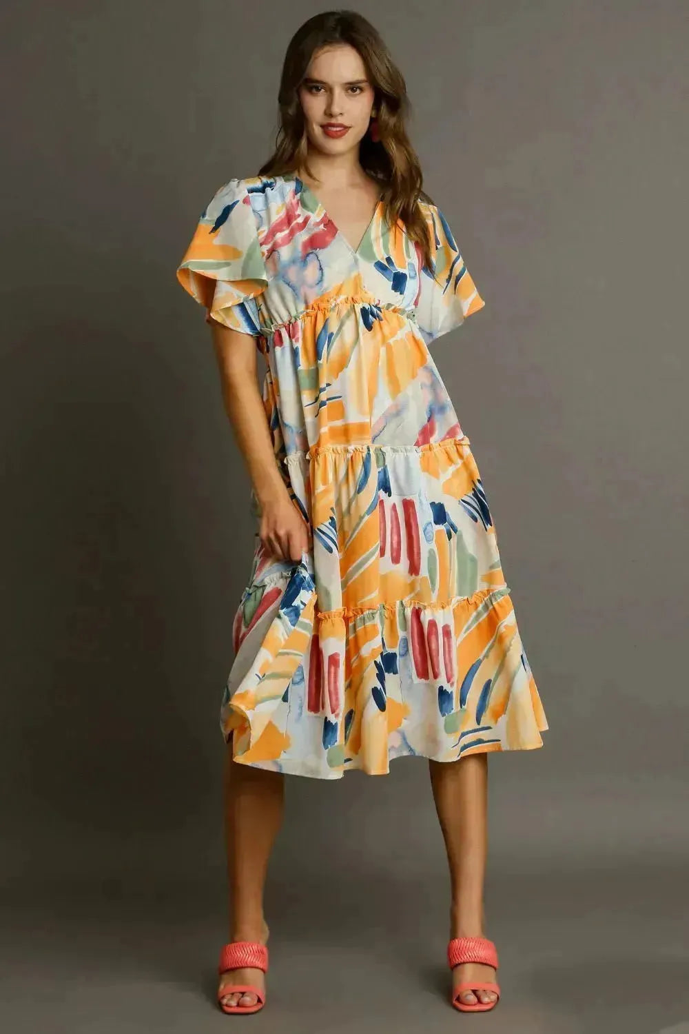 Umgee Abstract Print Midi Dress – Flutter Sleeves & Tiered Frill Detail