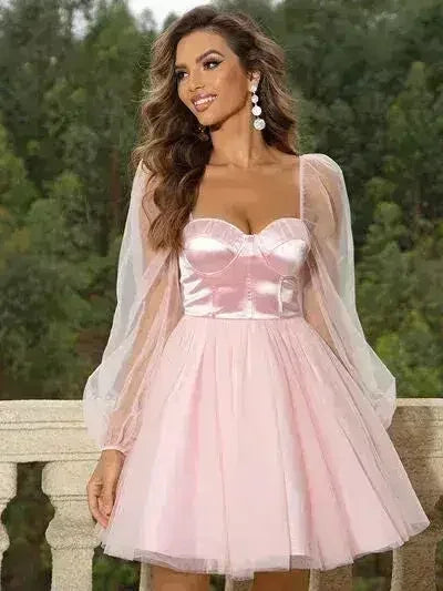 Sweetheart Neck Balloon Sleeve Mini Dress - Femstylo