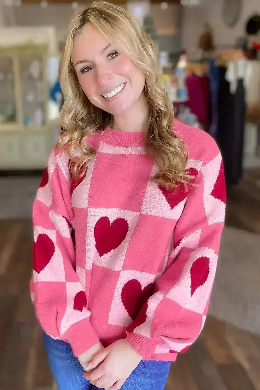Pink Love Heart Checkered Valentine Knit Sweater - Femstylo