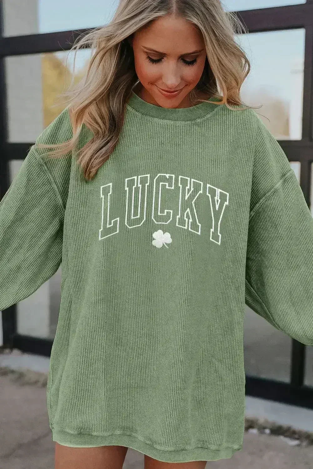Grass Green LUCKY Clover Drop Shoulder Ribbed St Patrick Sweatshirt - Femstylo