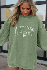 Grass Green LUCKY Clover Drop Shoulder Ribbed St Patrick Sweatshirt - Femstylo