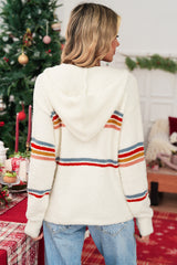 White Casual Striped Drop Sleeve Hooded Sweater