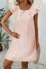 Light Pink Textured Flutter Sleeve Square Neck Bow Back Mini Dress - Femstylo