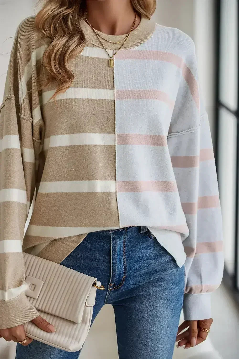 Pink Striped Patchwork Drop Shoulder Sweater - Femstylo