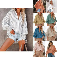 Spring And Autumn New Lapel Shirts Thin Mid Length Striped Casual Long - Femstylo
