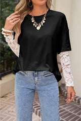 Black Fake Two-Piece Lace Long Sleeve Drop Shoulder Tee