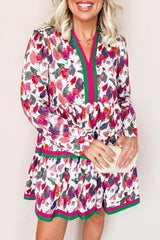 Purple Floral Print Contrast Striped Detail Long Sleeve Mini Dress