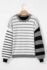 Gray Striped Colorblock Pullover Sweater