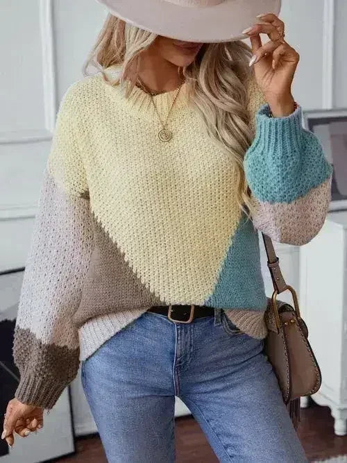 Color Block Round Neck Dropped Shoulder Sweater - Femstylo