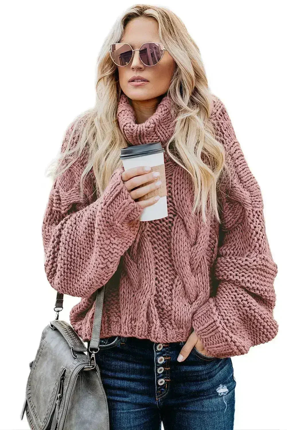 Winter Pink Cuddle Weather Cable Knit Handmade Turtleneck Sweater - Femstylo