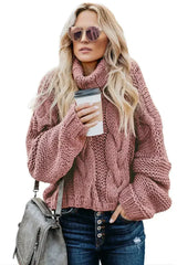 Winter Pink Cuddle Weather Cable Knit Handmade Turtleneck Sweater - Femstylo