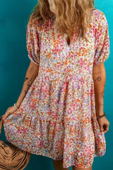 Red Floral Print Notched V Neck Puff Sleeve Tiered Mini Dress - Femstylo