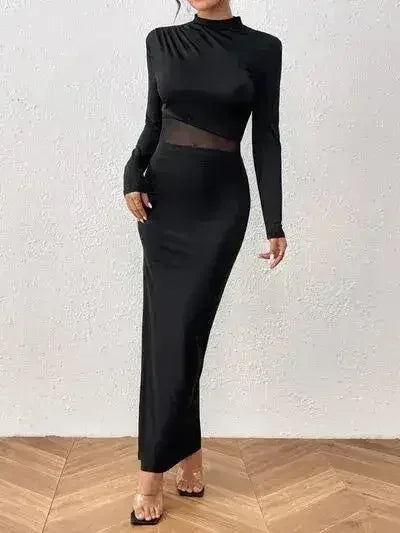 Honey Slit Mock Neck Long Sleeve Maxi Dress - Femstylo