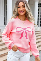 Pink Bow Round Neck Pullover Sweater - Femstylo