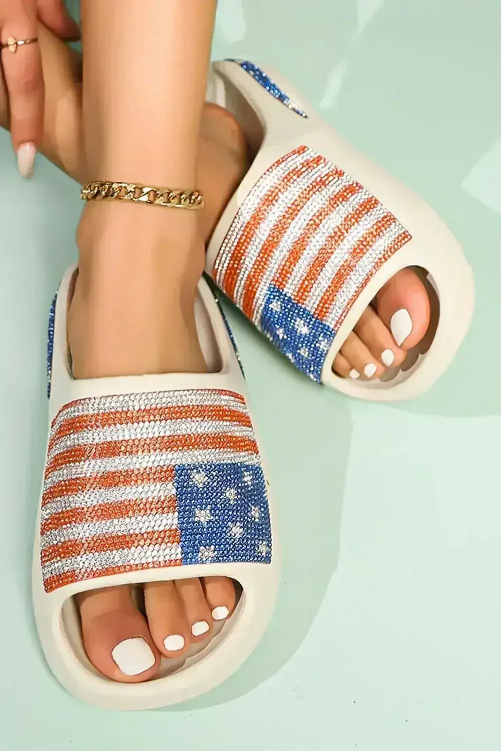 White Rhinestone American Flag Thick Sole Slides Shoes - Femstylo