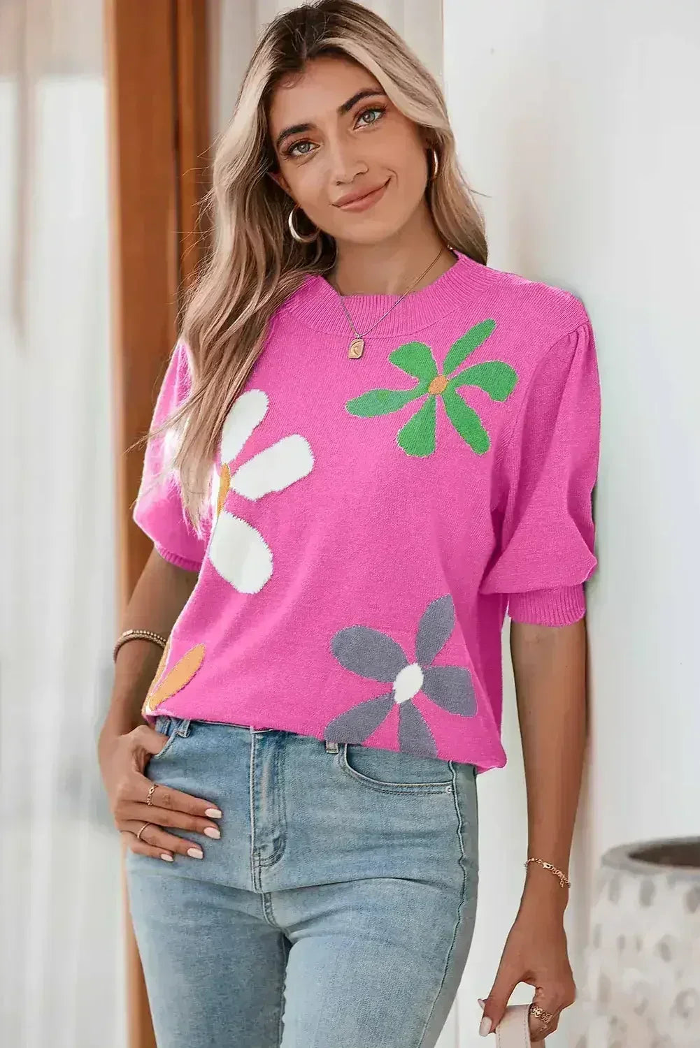 Bright Green 60s Floral Bubble Short Sleeve Knitted Top - Femstylo