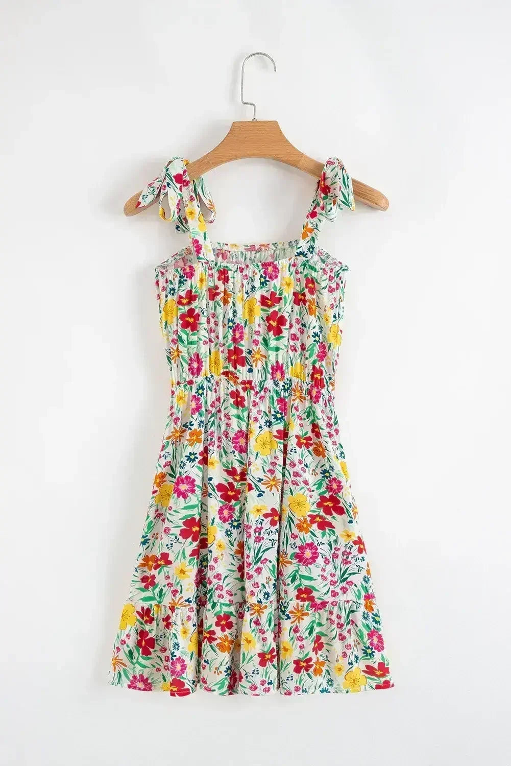 Red Floral Print Knotted Strap Cinched Waist Ruffle Hem Mini Dress - Femstylo