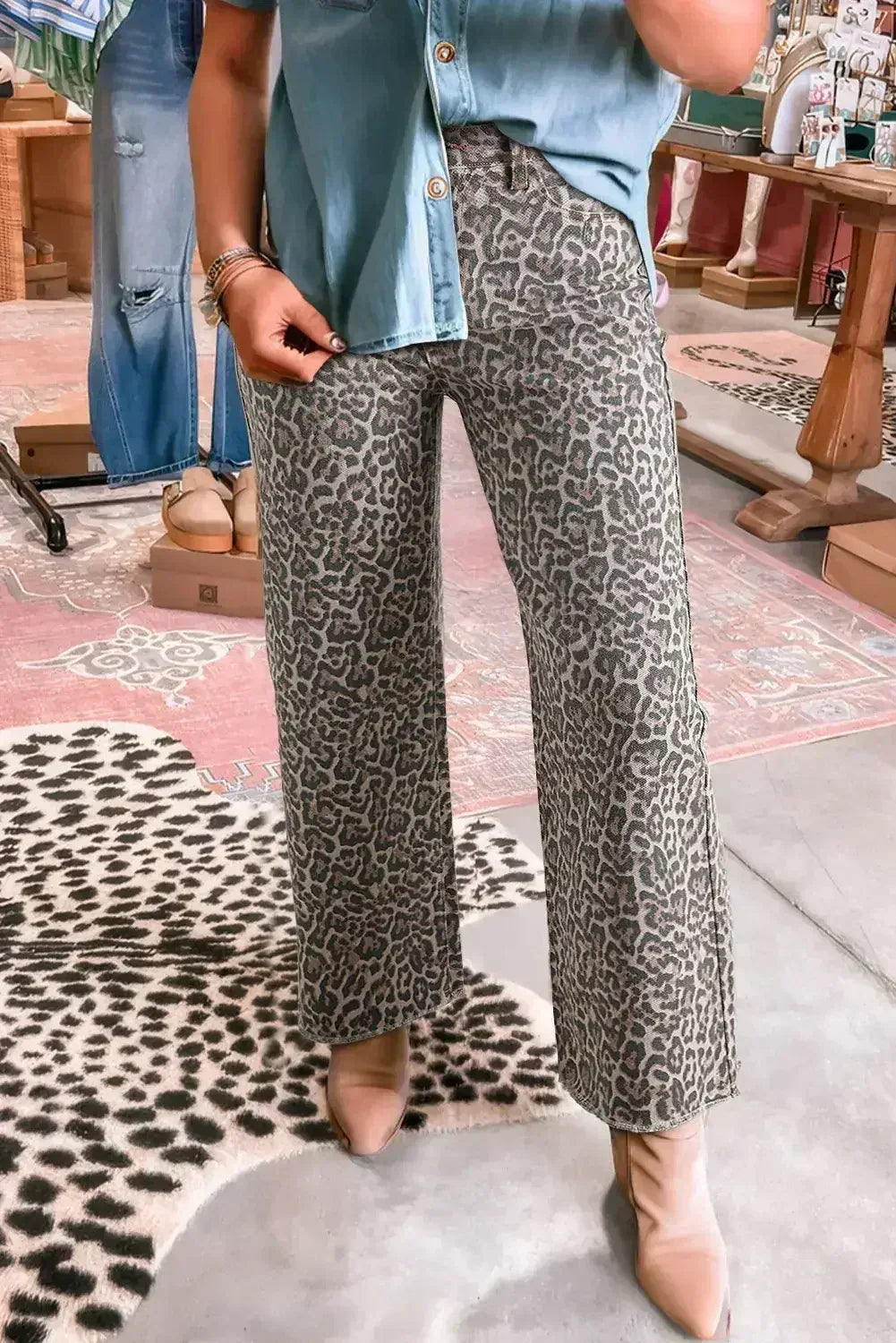 Brown Leopard High Waist Frayed Hem Jeans - Femstylo