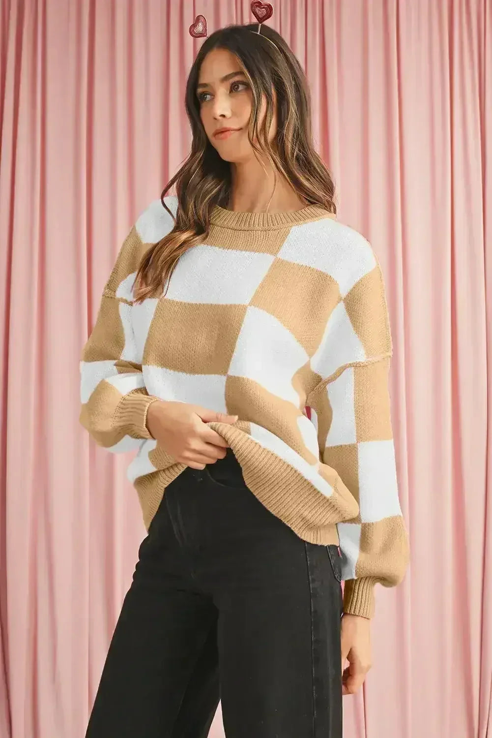 Green Checkered Bishop Sleeve Pullover Sweater - Femstylo
